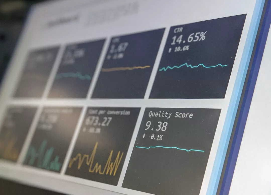 A dashboard display shows various analytics metrics for real estate, including CTR 14.65%, cost per conversion 43.27, and quality score 9.38, each with trend lines.
