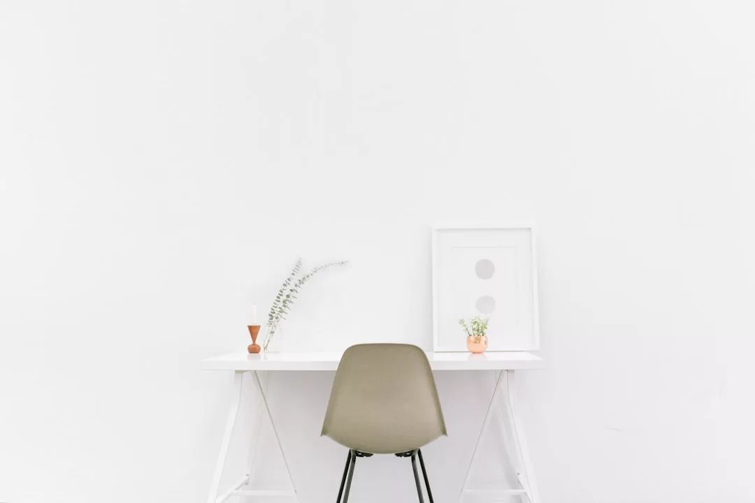 A minimalist workspace ideal for Real Estate professionals, featuring a white desk, gray chair, two small plants, a vase with a branch, and a framed picture set against a plain white wall.