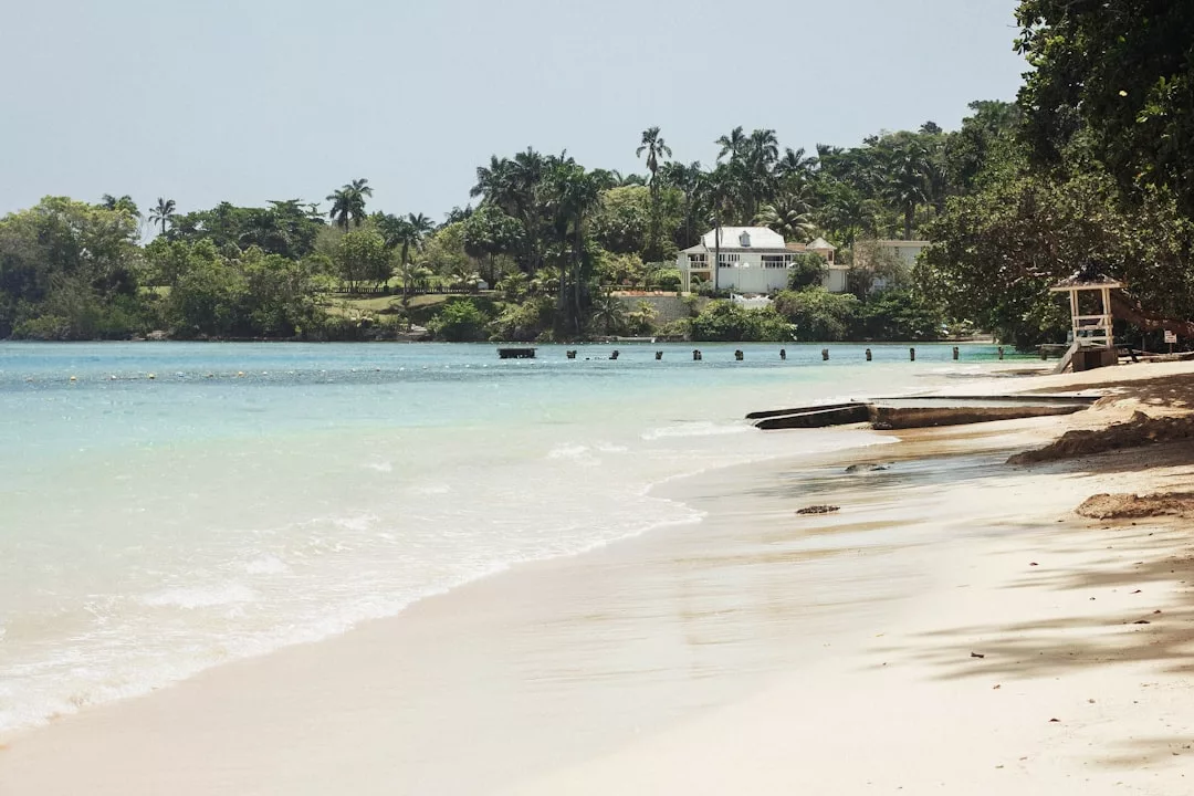 A sandy beach with gentle waves, clear blue water, and a few buildings—ideal for real estate—plus palm trees in the background under a bright sky.