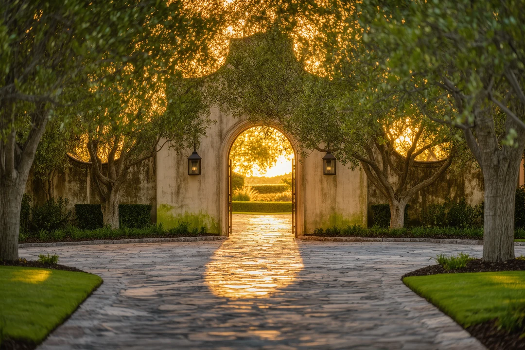 Stone pathway leading to an arched stone gate with moss-covered walls and trees in the background—an enchanting real estate opportunity blending natural beauty with timeless charm.