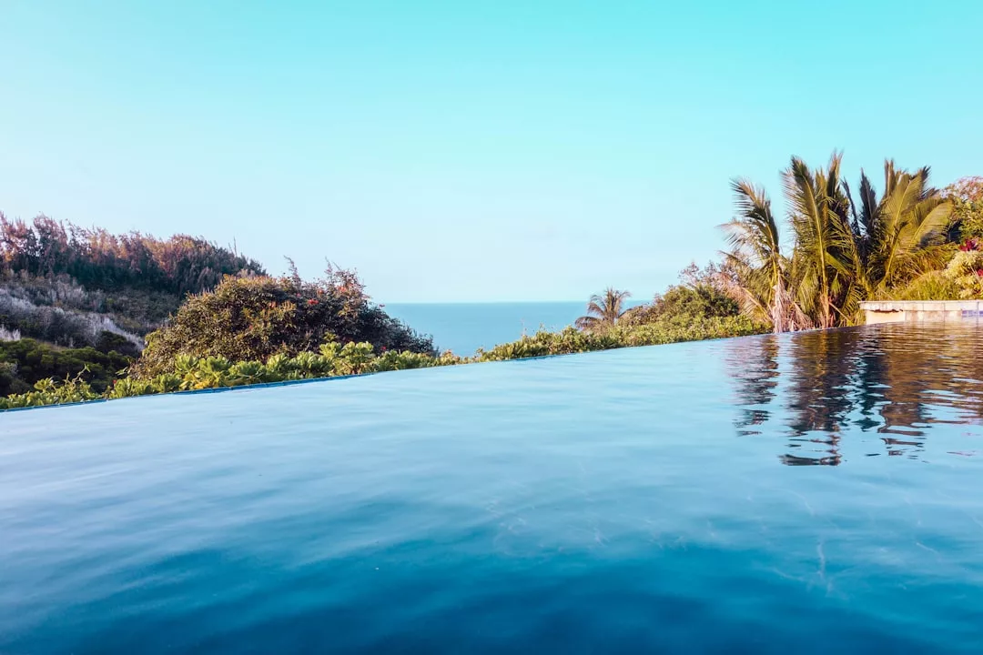 Infinity pool with clear blue water overlooks trees, tropical plants, and the distant ocean under a bright sky—perfect for luxury real estate seekers.