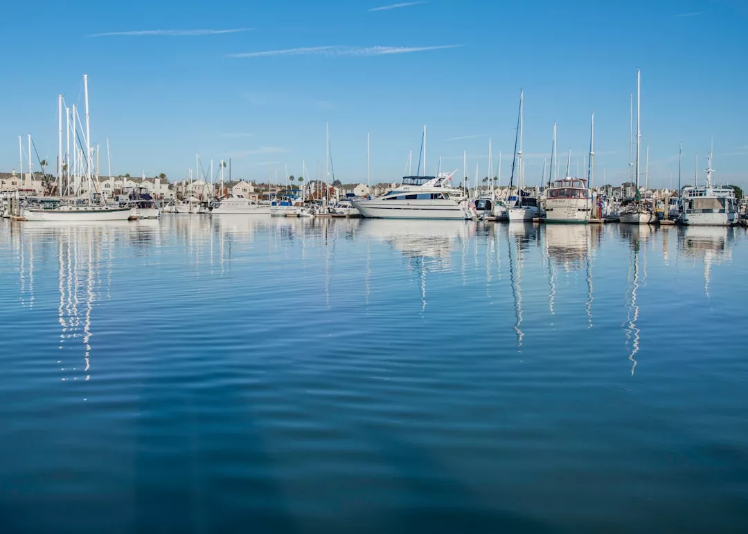 A marina with several sailboats and yachts docked in calm water, surrounded by beautiful real estate, with houses and a clear blue sky in the background.