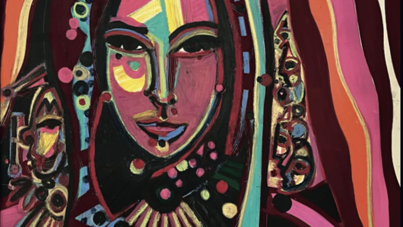 Detail of a colour-saturated female portrait by Markus Tollmann in red, pink and yellow