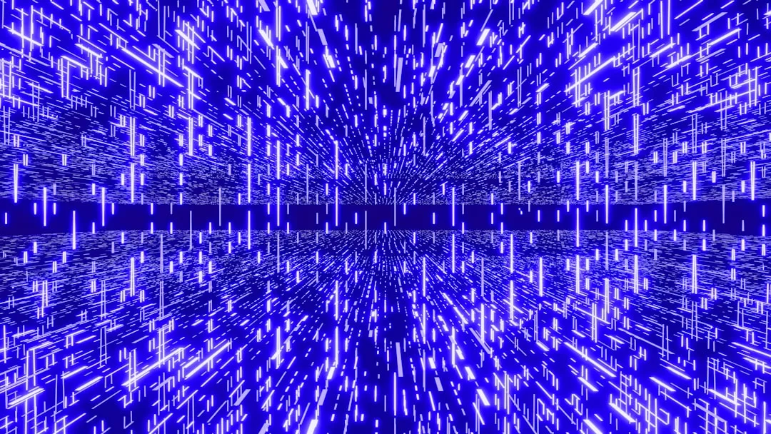 A digital abstract image showing blue and white lines and rectangles creating a tunnel effect, resembling fast movement through a futuristic real estate data stream.