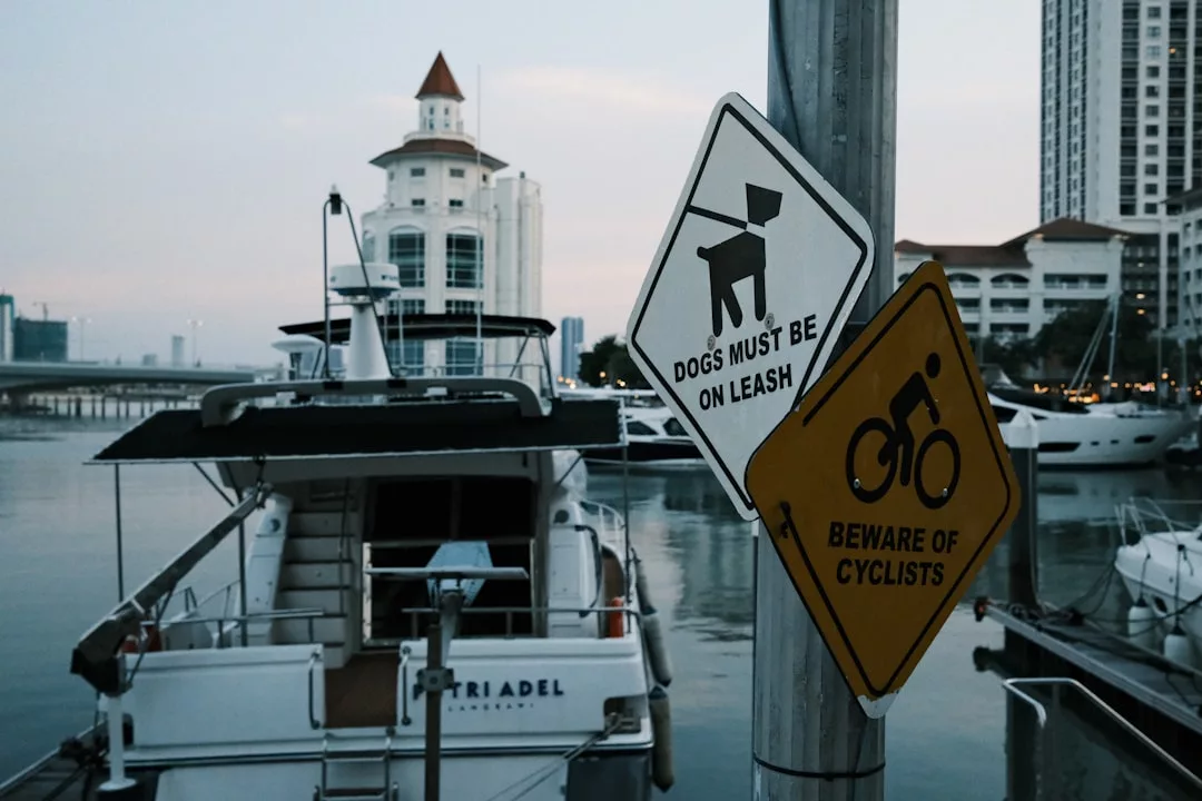 Two signs on a pole by a marina—one reads "Dogs must be on leash," and the other warns "Beware of cyclists." Boats, buildings, and nearby real estate are visible in the background.