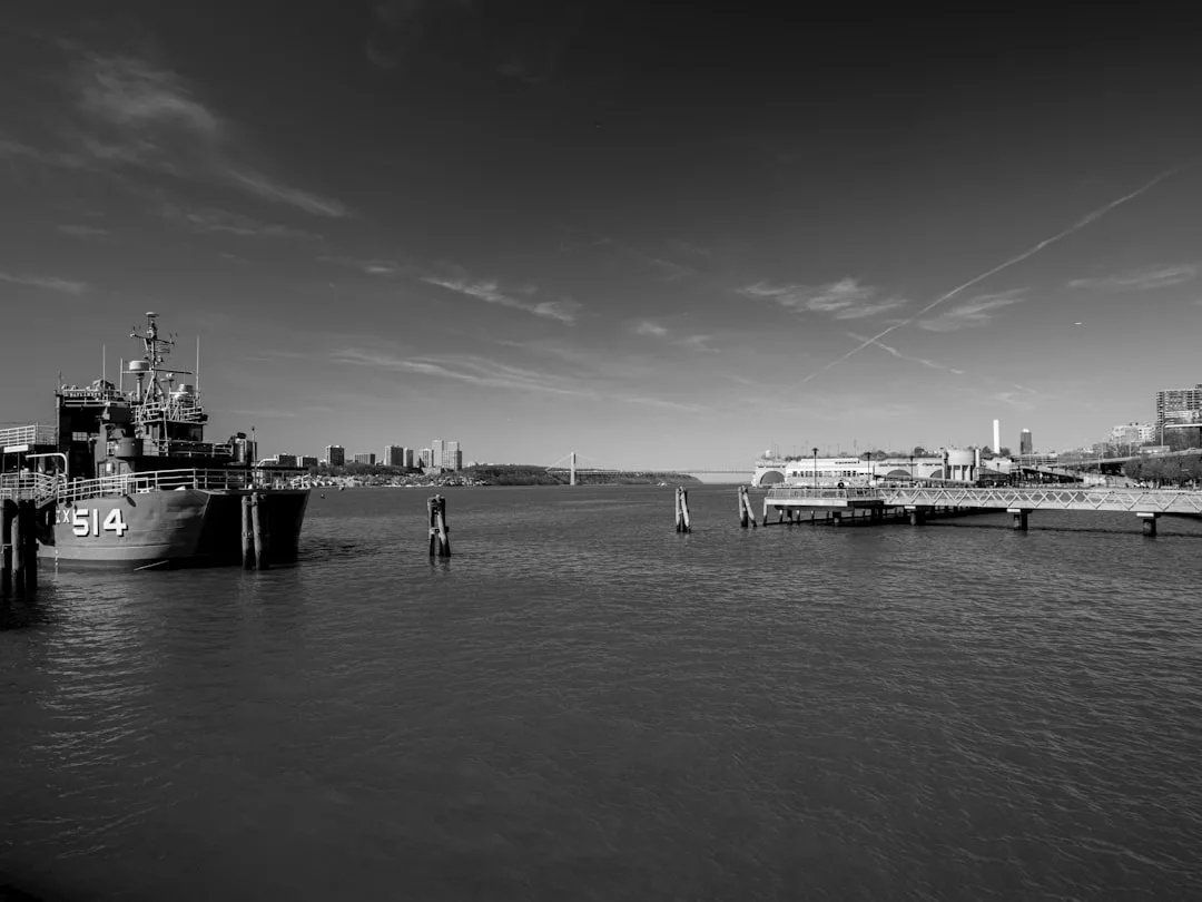 A docked ship marked "514" sits on the left side of a wide river, with a city skyline and bridge—featuring striking Real Estate developments—visible in the distant background under a clear sky.