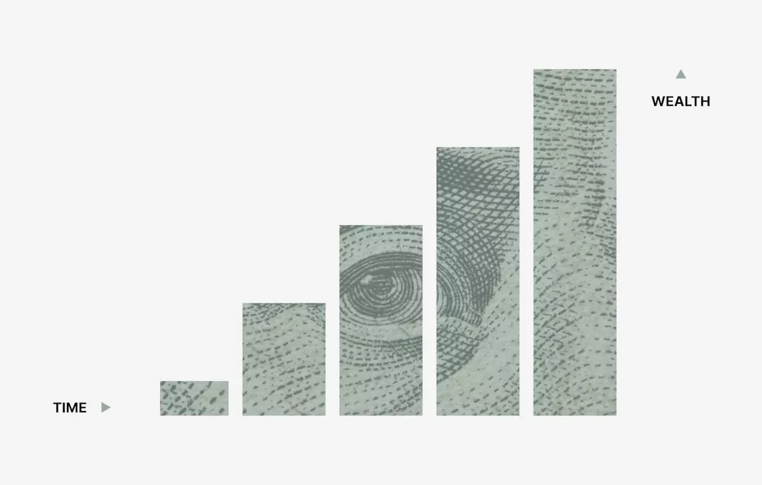 A bar graph with bars made of a dollar bill segment rises from left to right, labeled "TIME" on the x-axis and "WEALTH" on the y-axis, illustrating how Real Estate investments can build wealth over time.
