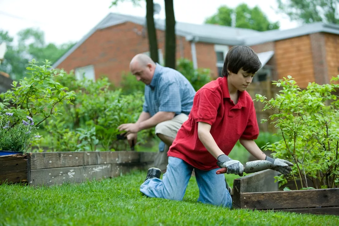 A boy and an adult kneel in a garden, using gardening tools to tend to plants in raised beds in a lush backyard, showcasing the outdoor potential of this real estate.