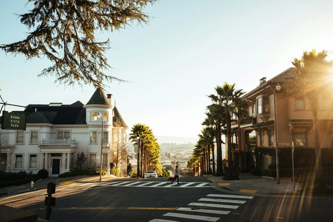 A person crosses a street lined with palm trees and historic houses in a sunlit urban neighborhood, hinting at prime real estate. A sign reading "Buena Vista Park" stands on the left.