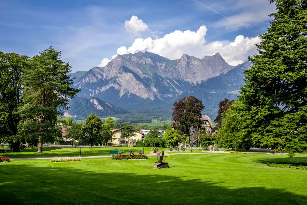 A landscaped park with green grass, trees, and flower beds sits in front of a mountain range under a partly cloudy sky—an inviting setting ideal for prime real estate.