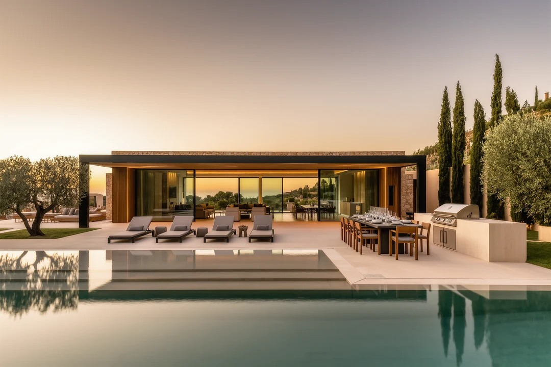 Modern real estate gem with large glass windows, poolside patio, lounge chairs, outdoor dining area, and barbecue grill, surrounded by trees on a sunny day.