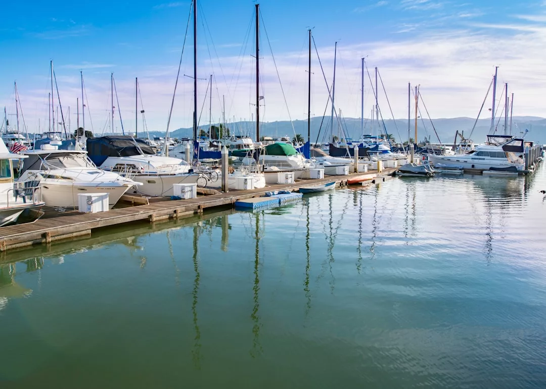 Several boats and yachts are docked at a marina with calm water reflecting the vessels and masts; hills are visible in the background under a clear blue sky, creating an idyllic scene perfect for prime real estate opportunities.